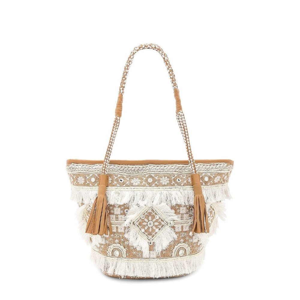 SHASHI Belly Fringe Beaded Tote in Natural New Beach Neutral Bag